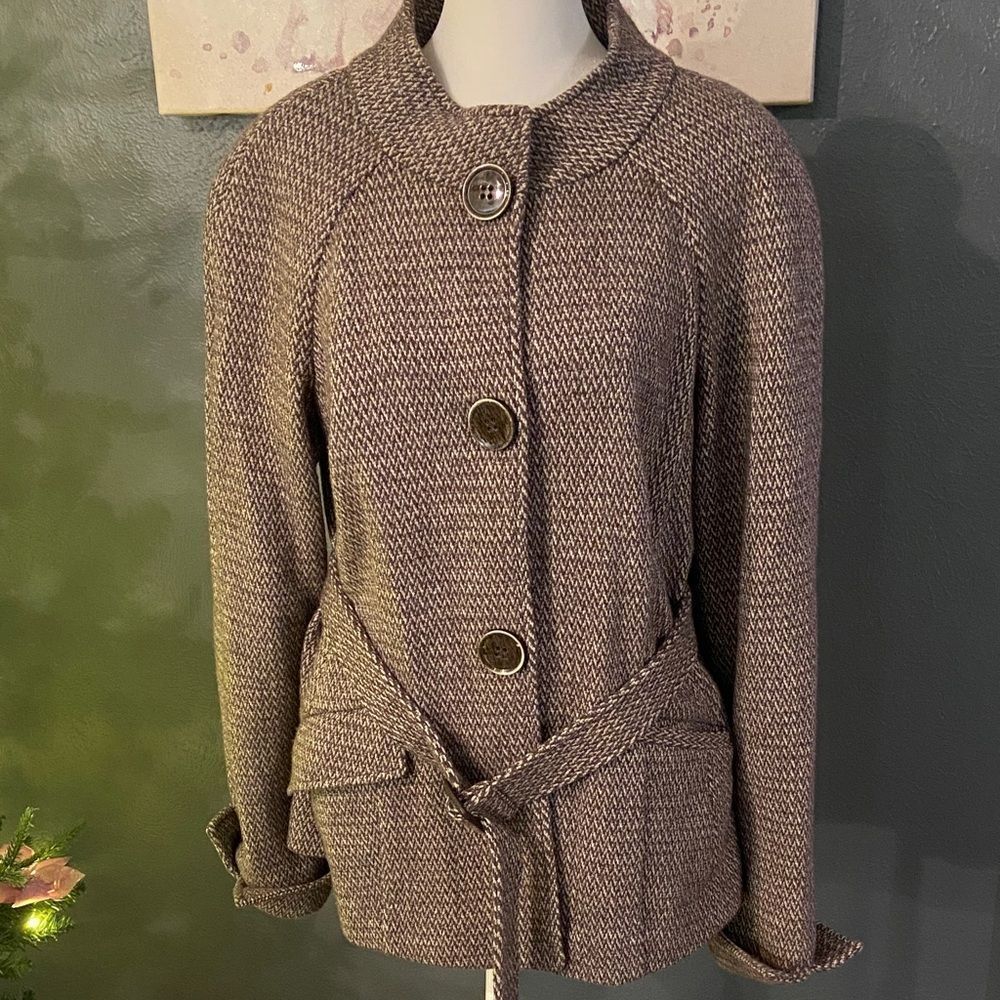 Lafayette 148 New York belted jacket. Brown multi abstract herringbone size 8